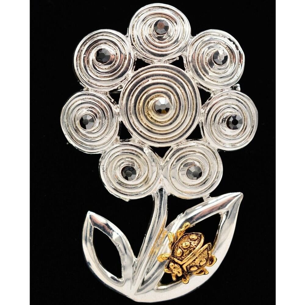Danecraft Vintage Flower Pin Brooch Ladybug Rhinestone Signed NOS 1980s BinA10